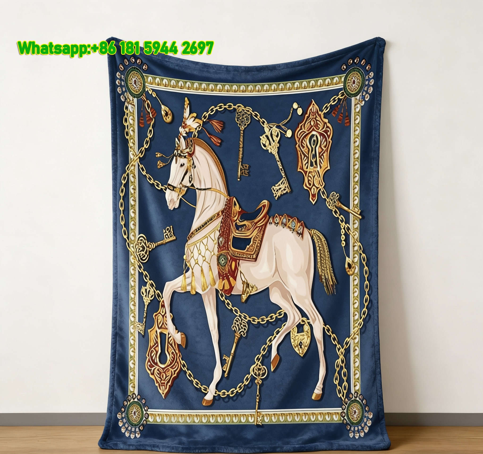 Hermès Royal Horse & Key Print Flannel Throw Blanket IMG_5036